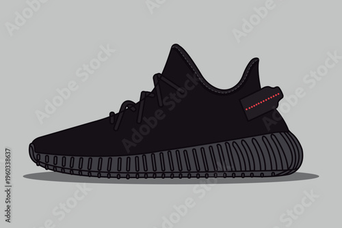 Minimalist vector illustration of a black sneaker with a modern and stylish design. The shoe features a thick ribbed sole, sleek silhouette, and subtle red stitching on the heel tab. Ideal for use in 