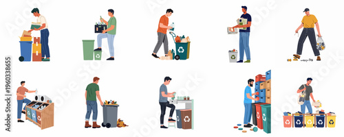 Collection of flat illustrations showing various men sorting and recycling household waste like paper, plastic, glass, and metal into different bins.