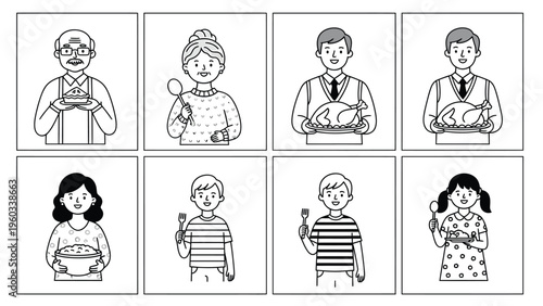 Family Generations Holding Food, Ready for Mealtime - Line Art Illustration Set