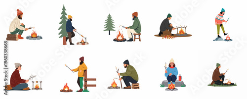 Diverse collection of people in warm winter clothing roasting marshmallows over campfires, isolated on a white background.