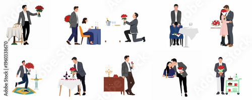 Collection of romantic illustrations featuring couples on dates, marriage proposals with red roses, and candlelight dinner scenes for Valentine's Day.