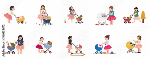 Collection of illustrations featuring young girls in pink tutus playing with colorful toy strollers and various stuffed animal toys on a white background.