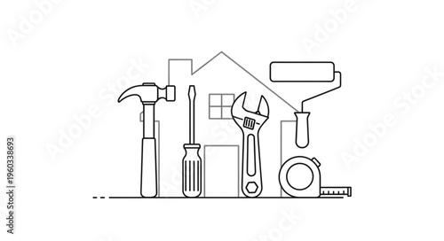 Tools and house outline illustration, perfect for home improvement and construction themes.
