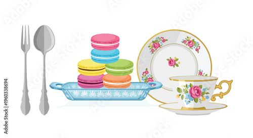 Flat lay of colorful macarons on a blue dish with tea cup and utensils on white background.