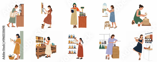 Collection of illustrations showing women shopping at zero waste and bulk stores using reusable jars and bags for a sustainable lifestyle.