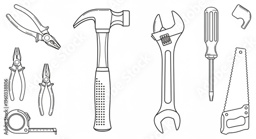 Collection of various hand tools for construction and repair work, isolated on white background.