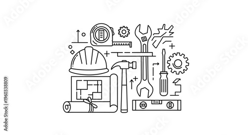 Construction tools and equipment illustration for building and repair work.