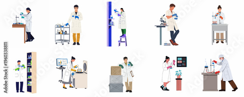 Diverse collection of flat vector scientists and researchers conducting experiments with various laboratory equipment on a white background.