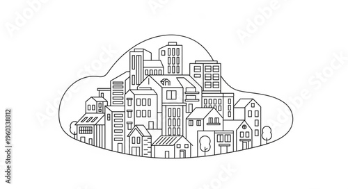 Detailed illustration of a cityscape featuring various buildings and structures within a defined outline.