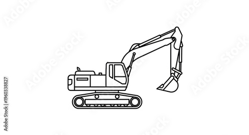 Detailed outline of an excavator machine, construction equipment, heavy machinery.