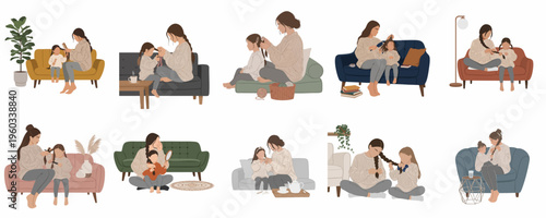 Flat illustration set of mother braiding daughter's hair in various cozy home interior settings, capturing bonding moments and motherhood.
