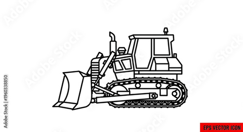 Detailed black and white illustration of a heavy-duty bulldozer machine.