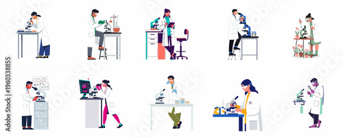 Set of flat vector illustrations featuring diverse scientists and researchers working with microscopes and various laboratory equipment in a modern facility.