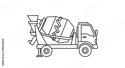 Detailed illustration of a concrete mixer truck, ready for construction work, side view.