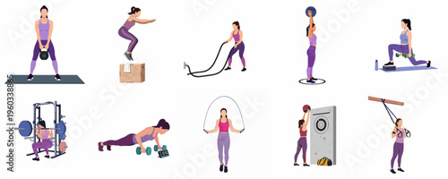 Set of flat vector illustrations depicting a woman performing various gym workouts, including weightlifting, cardio, and functional training exercises.