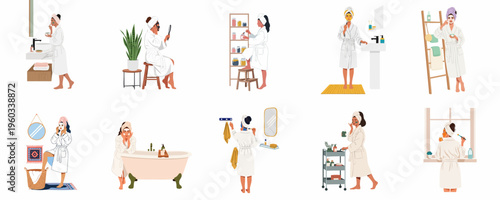 Vector illustrations set of a woman in a bathrobe performing various skincare and self-care routines in her bathroom at home.