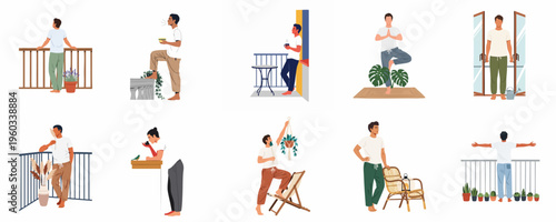 Collection of flat vector illustrations showing young men enjoying leisure activities, relaxation, and mindfulness on their balconies and at home.