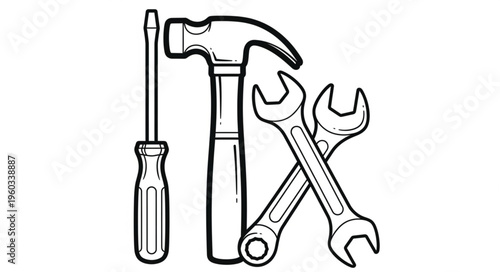 Essential tools for construction and repair, including a hammer, screwdriver, and wrenches.