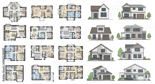 Architectural blueprints and house illustrations showcasing various residential designs.