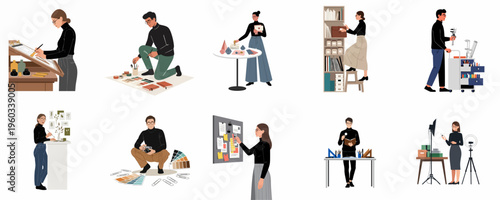 Flat illustration set of creative professionals including designers, architects, and photographers working in various studio and office settings.