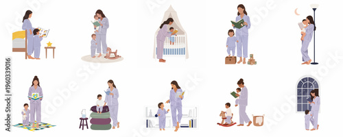 Collection of flat illustrations showing a mother and her children in various evening activities, like reading, playing, and preparing for bed in pajamas.