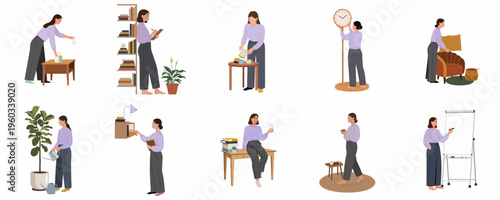Vector illustration set of a young woman engaged in various daily life and work activities at home and in an office environment.