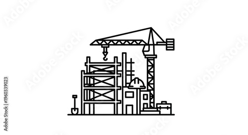 Construction site with crane building a new structure, industrial concept.
