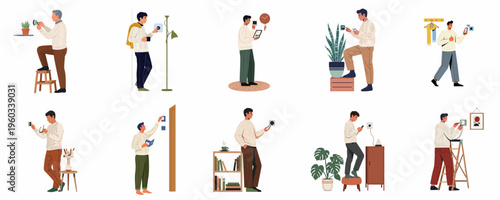 Flat vector illustrations of men interacting with smart home technology, controlling lighting and temperature through apps and wall-mounted devices for modern living.