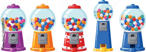 Colorful gumball machines set with assorted candy balls in transparent dispensers, vibrant vending illustration isolated on white background, playful sweets concept for kids and retail design
