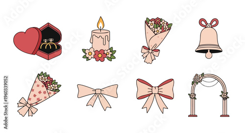 Flat lay of various romantic wedding icons including heart-shaped box, candle, bouquets, bell, and ribbons on a white background with a warm color palette.