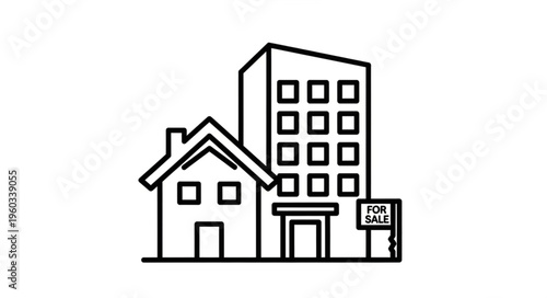 Real estate illustration depicting a house and a commercial building for sale, property market.