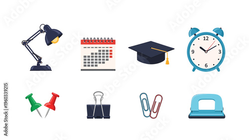 Essential Office and School Supplies Flat Design Icons Set: Desk Lamp, Calendar, Graduation Cap, Alarm Clock, Pushpins, Clips, Hole Punch