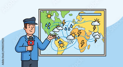 Meteorologist Presenting Global Weather Forecast With World Map Display