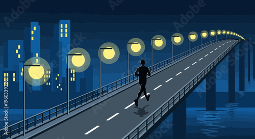 Midnight Marathon Runner on Illuminated City Bridge