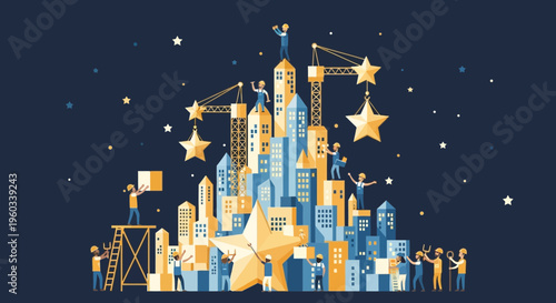 Metropolis Construction Team Building Dream City With Stars At Night