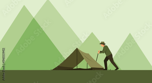 Minimalist Mountain Camper Setting Up Tent