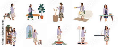 Collection of illustrations depicting a woman's daily routine and self-care activities at home in a cozy, minimalist style.