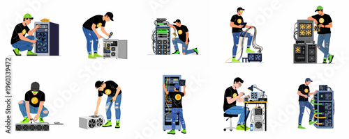 Set of illustrations featuring male technicians in Bitcoin t-shirts maintaining and repairing cryptocurrency mining hardware rigs and server farm equipment.