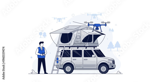 Modern Adventurer Enjoys Drone Flight Above Rooftop Tent Vehicle