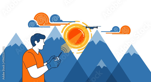 Modern Aerial Drone Operation Above Mountain Peaks With Remote Control