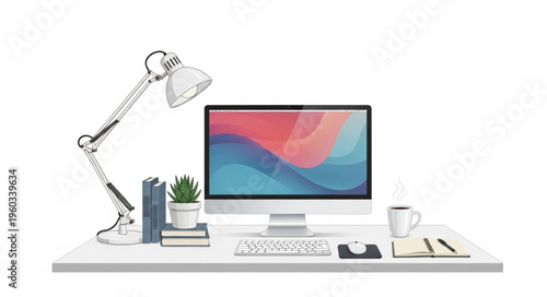 Modern Workspace with Computer, Lamp, and Accessories on White Desk.