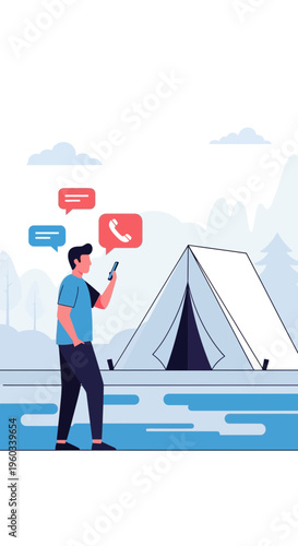 Modern Camper Connected Via Smartphone Outdoor Recreation Technology