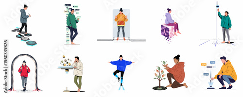 Set of diverse flat vector illustrations showing people interacting with advanced futuristic technology, digital interfaces, data visualization, and innovative modern concepts.