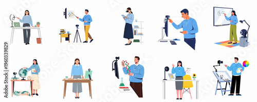 Collection of diverse teachers and educators conducting online classes, remote lectures, and digital tutorials using various technologies and educational tools.