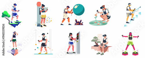 Set of characters in flat illustration style using virtual reality technology for gaming, exploring, and interacting with immersive digital worlds and haptic gear.