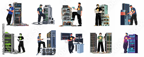 Set of illustrations depicting technicians and engineers maintaining bitcoin mining rigs and server racks in a modern data center environment.