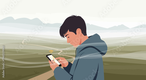 Modern Exploration With Smartphone Navigation In Scenic Outdoors