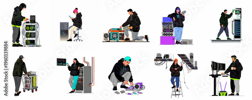 Set of diverse illustrations featuring technicians and engineers working on cryptocurrency mining rigs, server maintenance, and hardware assembly in flat design style.