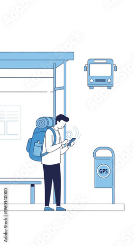 Modern Traveler Using Smartphone Navigation At Bus Stop