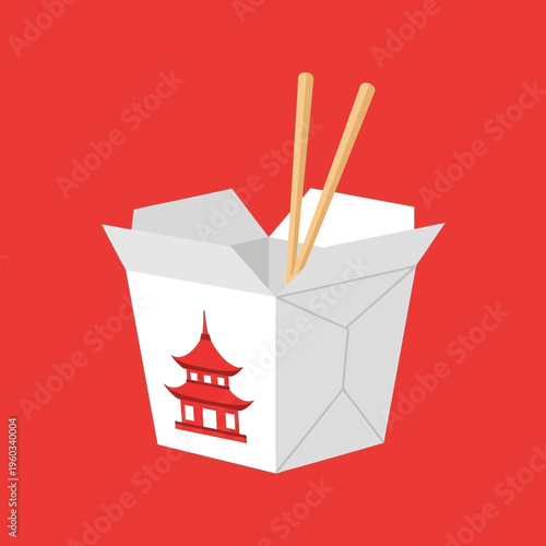 Chinese food takeout container with chopsticks.